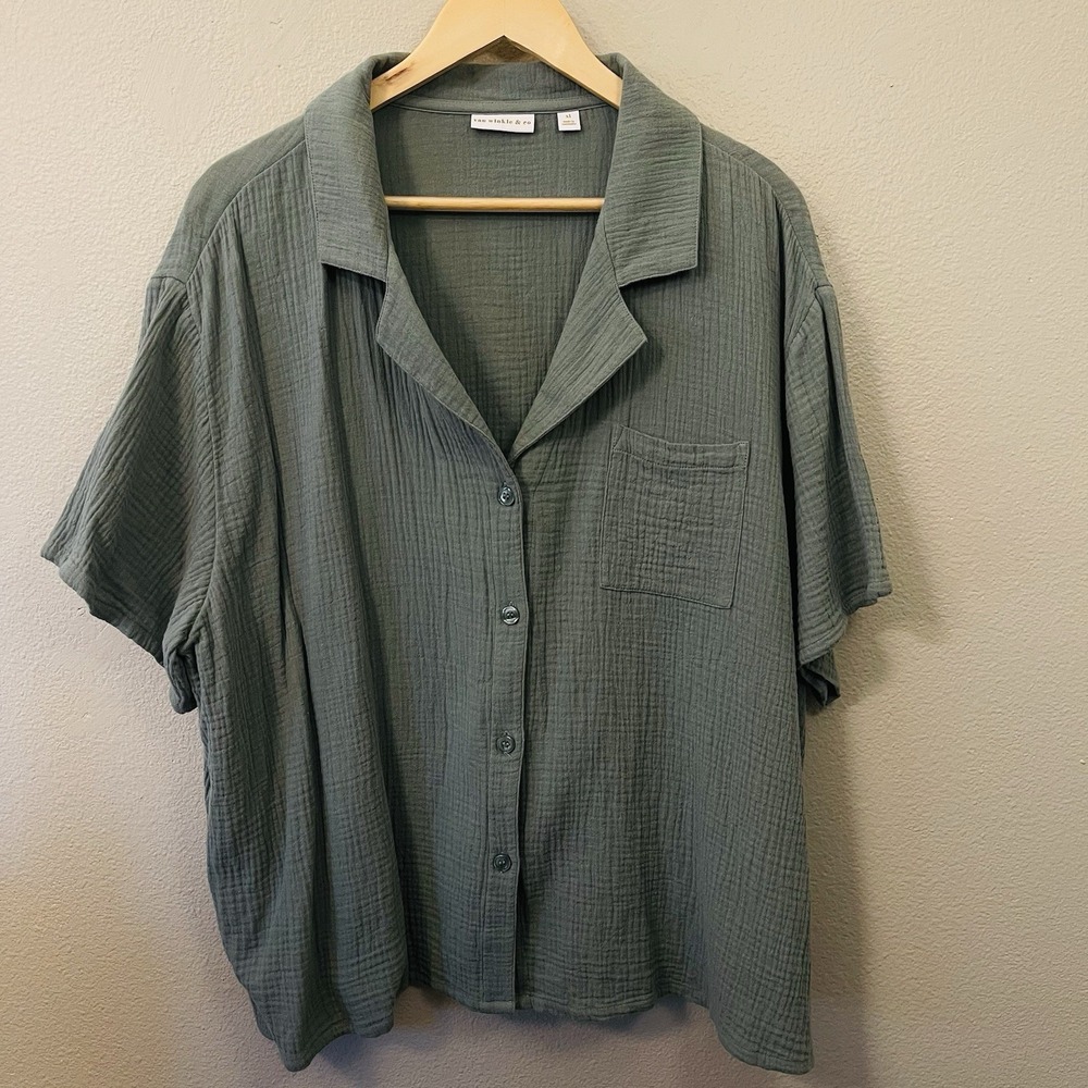 Van Winkle Co Women's‎ 100% Cotton Shirt Oversized Green Resort Vacation Sz XL